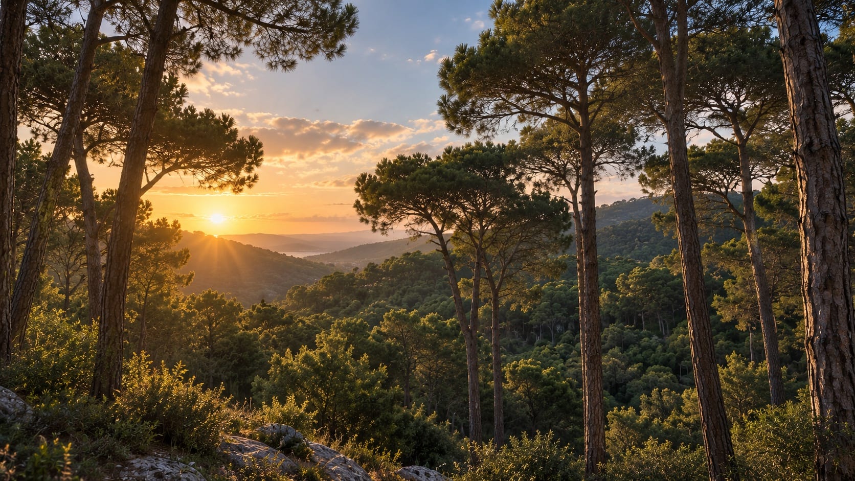 The sun setting over pine-covered hills above Beit Mery, seen through tall umbrella pines