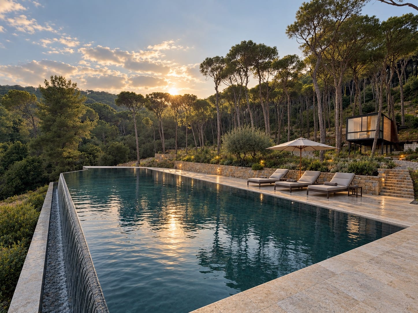 The resort's infinity pool at sunset, with sunbeds on the terrace and pines on the hillside beyond