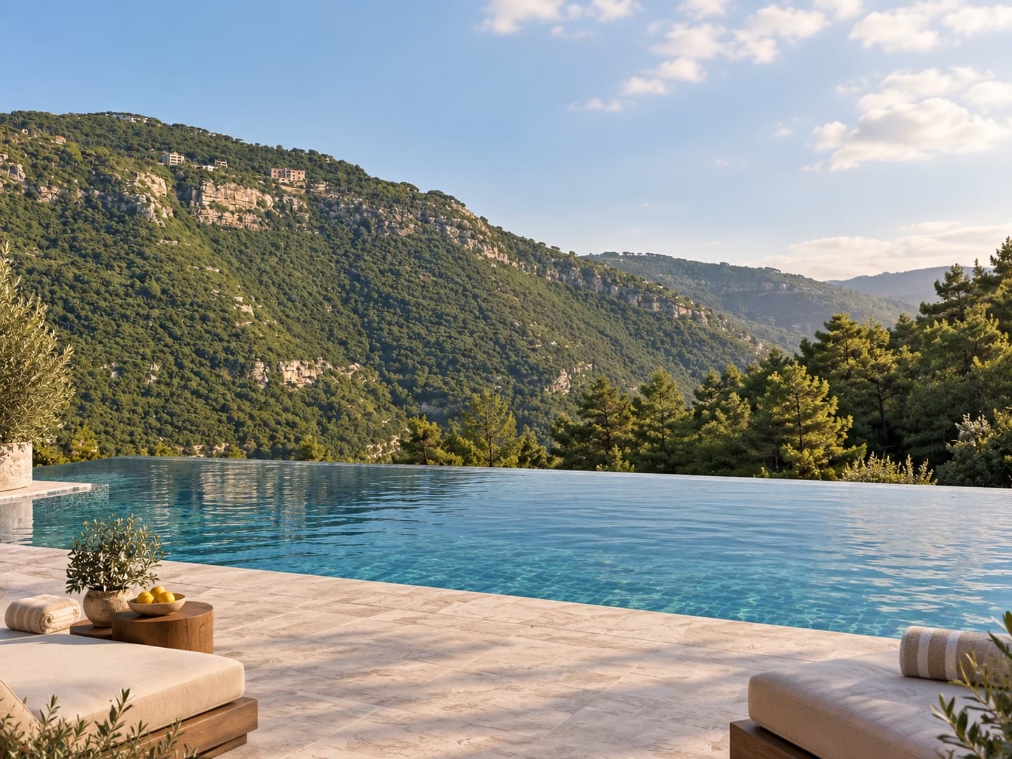 The infinity pool's edge meeting the pine-covered hills, with sunbeds and a bowl of lemons on the stone deck